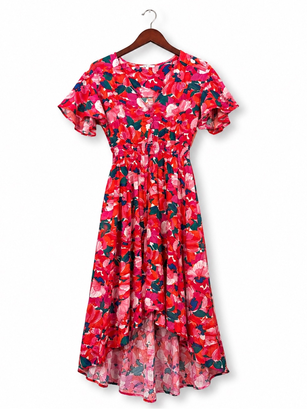Abel the Label Pink Floral High Low Midi Dress L Flutter Sleeve Smocked Waist - Picture 2 of 9